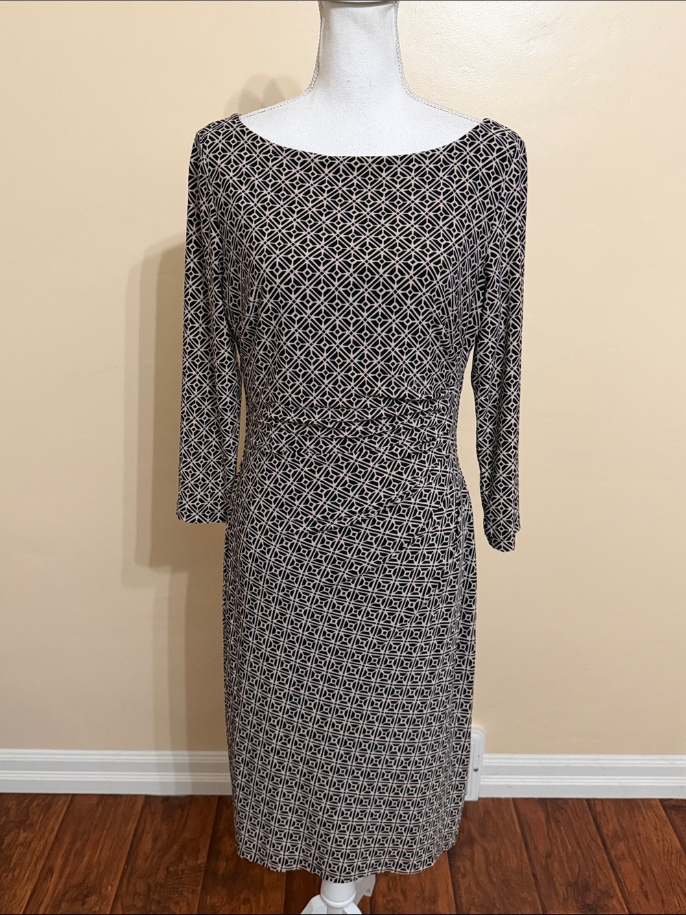 Lauren Ralph Lauren Black and White Geometric Long Sleeve Sheath Dress